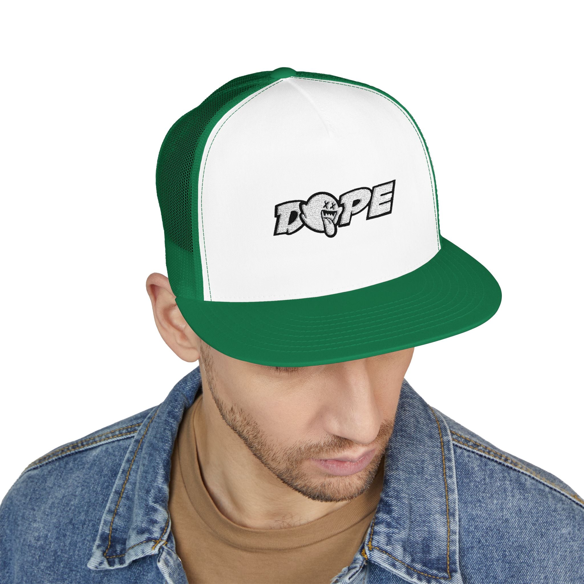 Dope Embroidered Trucker Cap — Retro Puff Lettering Mesh Hat
