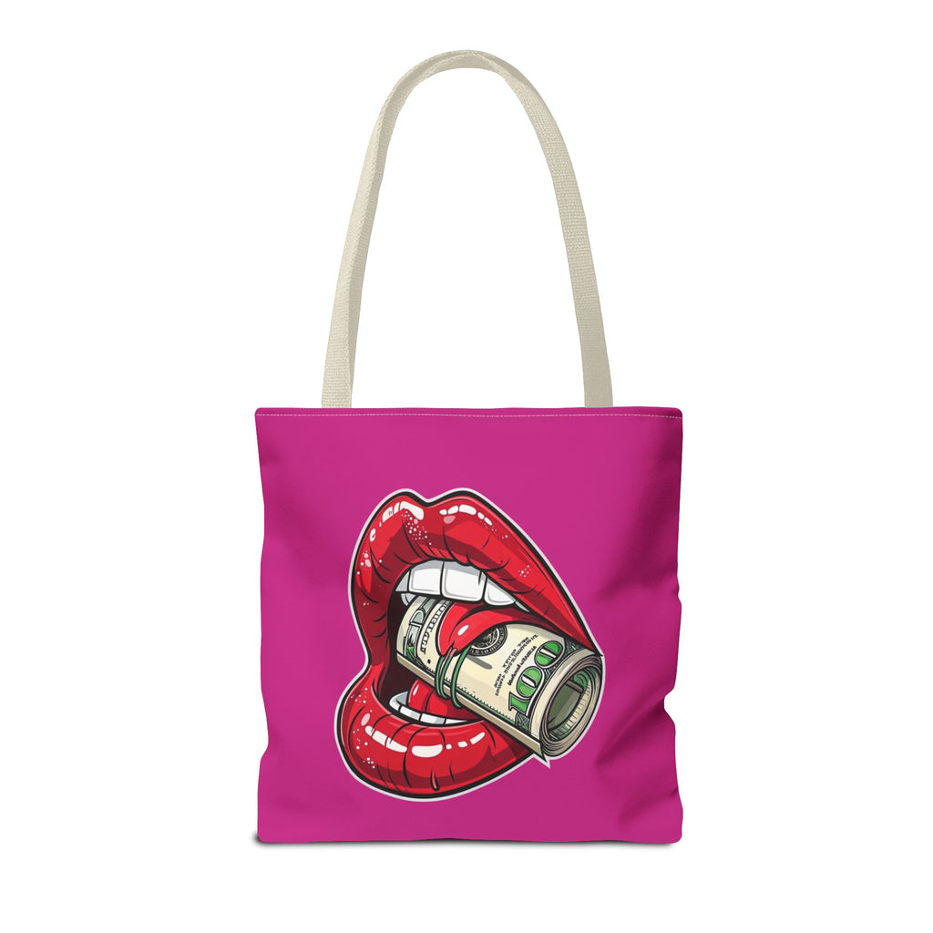 Pink Statement Tote Bag — Red Lips Holding Money Graphic