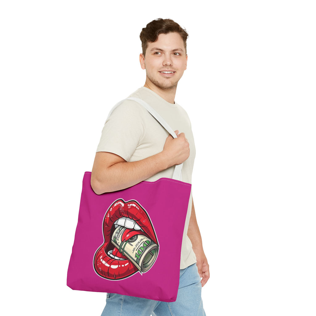 Pink Statement Tote Bag — Red Lips Holding Money Graphic