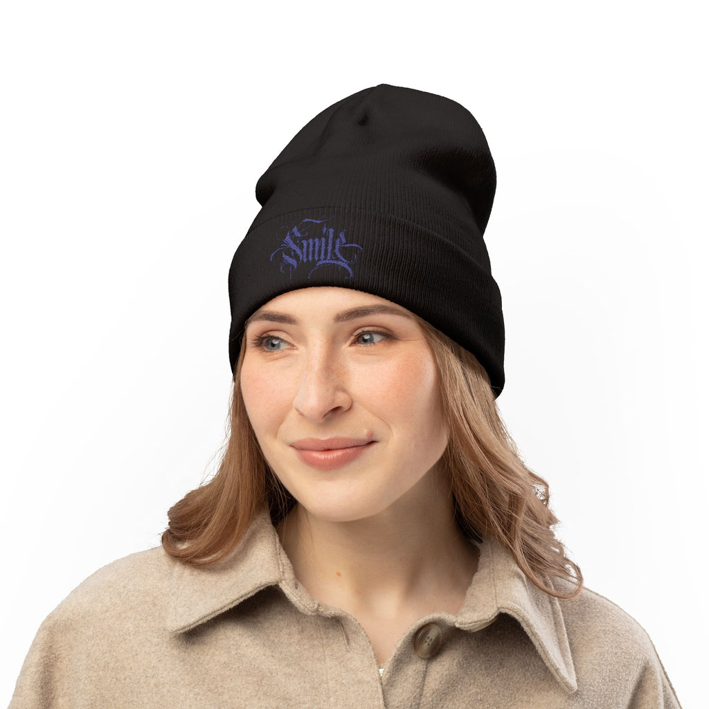 Embroidered 'Smile' Knit Beanie — Gothic Script Winter Hat