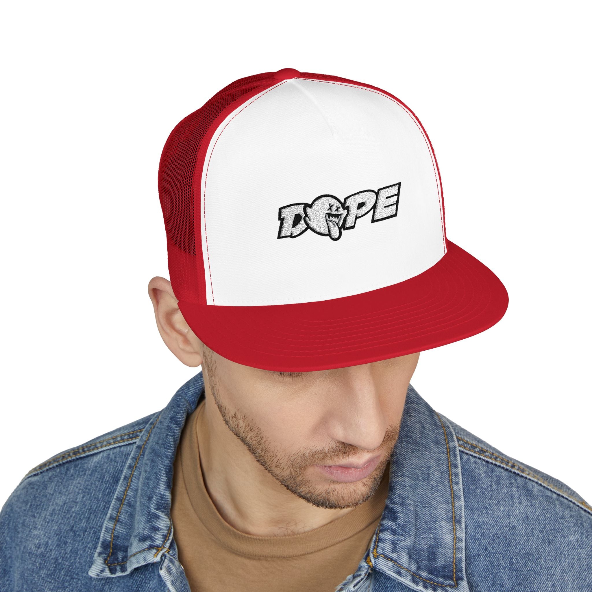 Dope Embroidered Trucker Cap — Retro Puff Lettering Mesh Hat