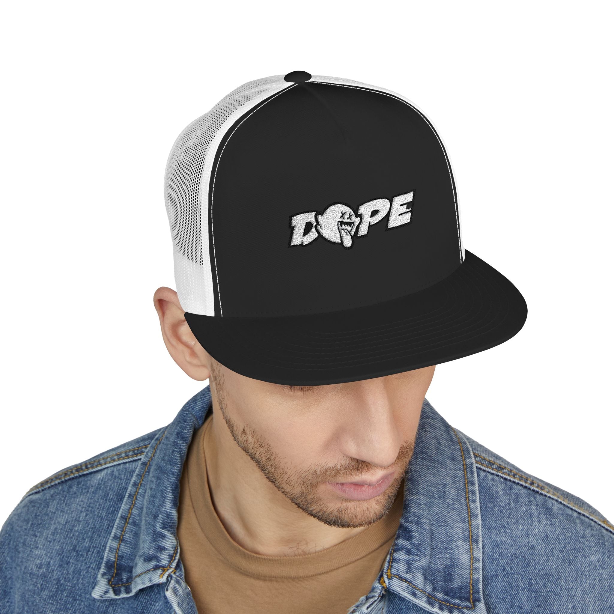 Dope Embroidered Trucker Cap — Retro Puff Lettering Mesh Hat