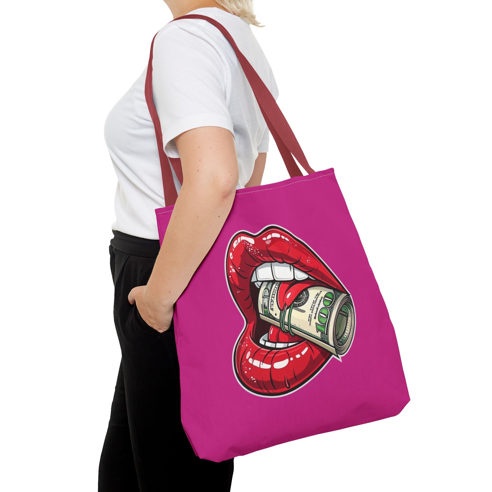 Pink Statement Tote Bag — Red Lips Holding Money Graphic