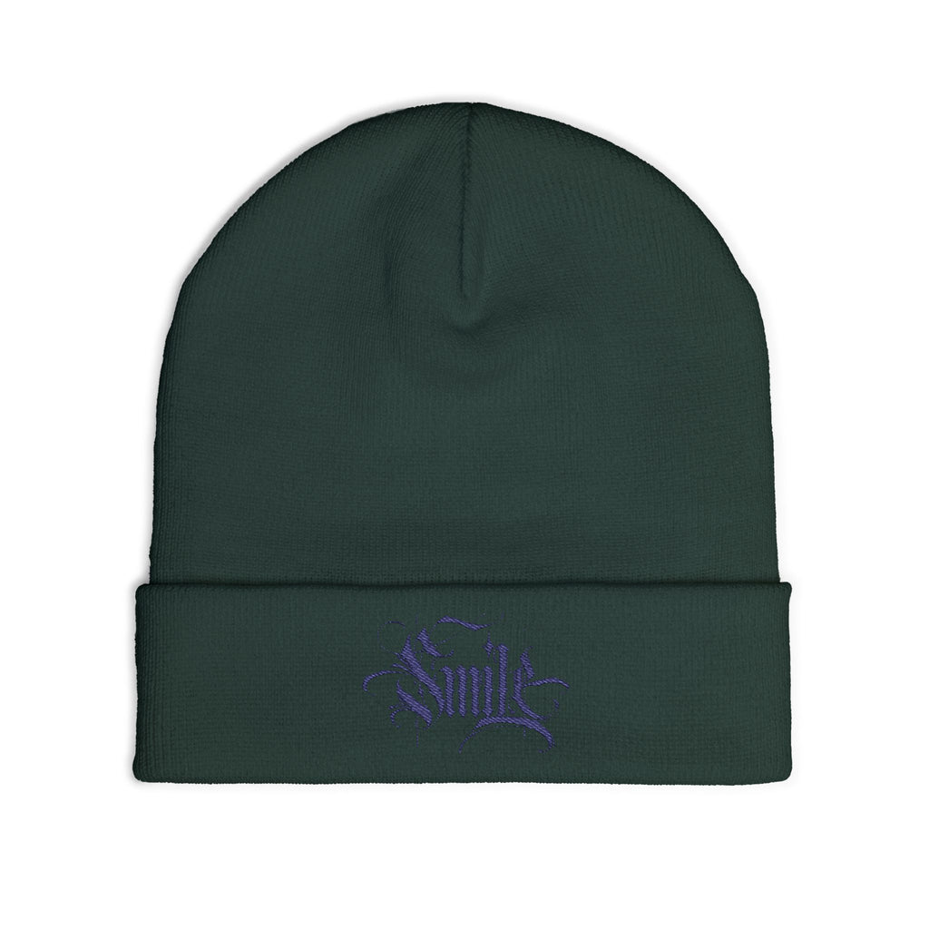 Embroidered 'Smile' Knit Beanie — Gothic Script Winter Hat
