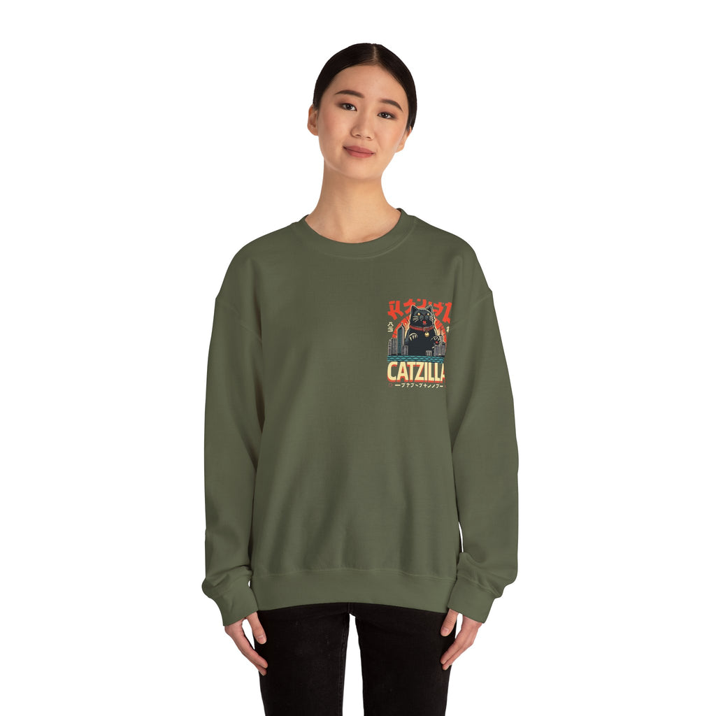 Catzilla Crewneck Sweatshirt — Retro Maneki-Neko Monster Graphic