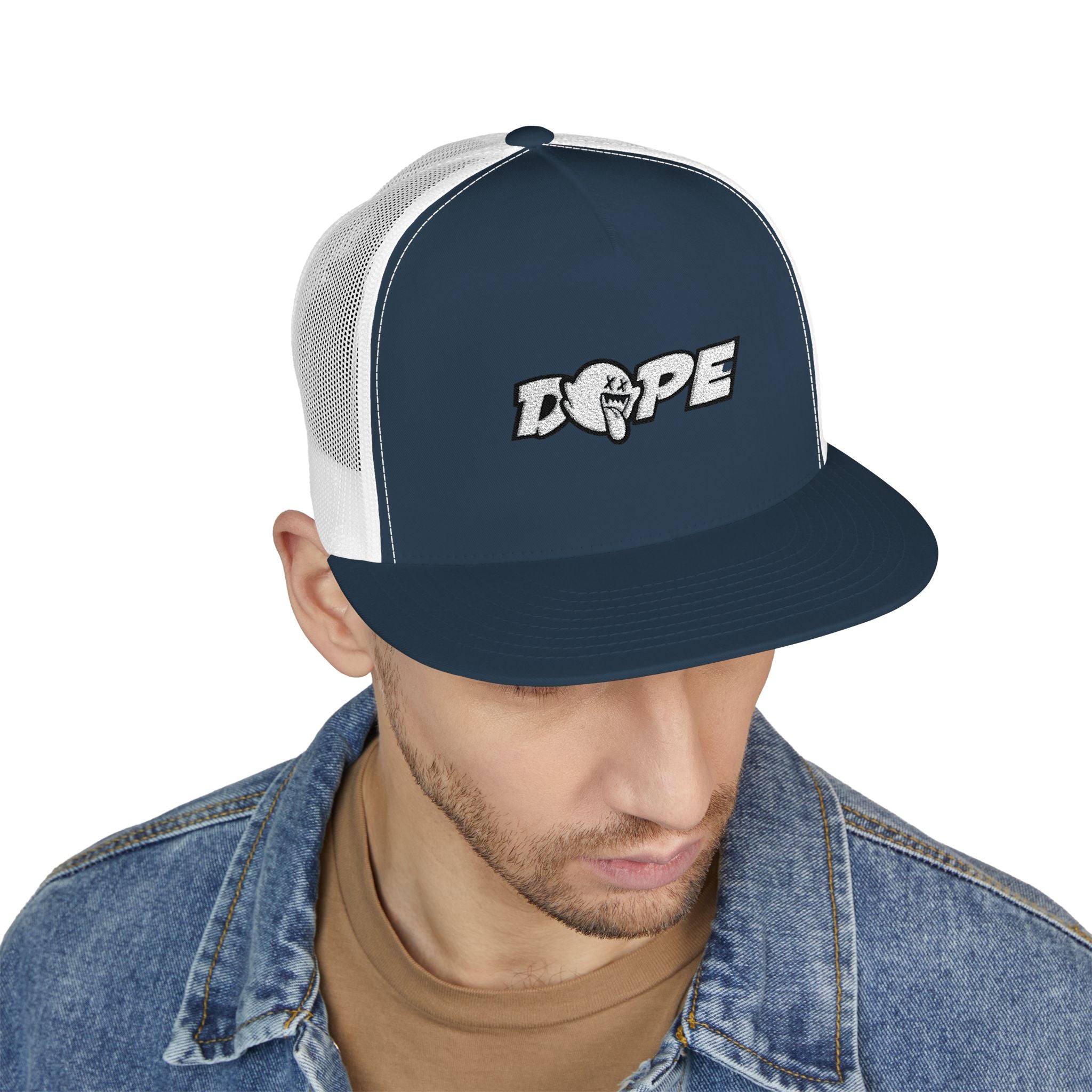 Dope Embroidered Trucker Cap — Retro Puff Lettering Mesh Hat